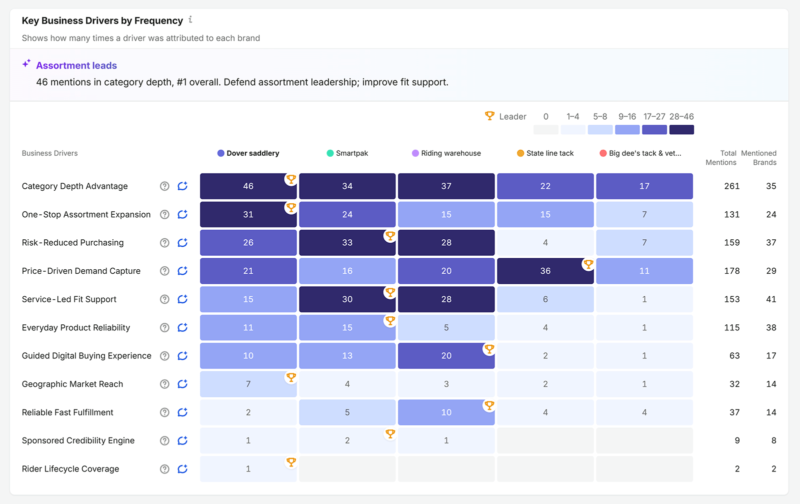 The Key Business Drivers by Frequency report for doversaddlery.com showing category depth advantage against competitors