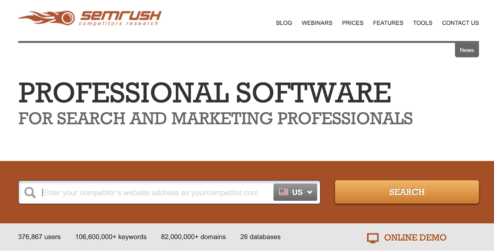 Semrush homepage had serif style font, gradient buttons, and old logo.