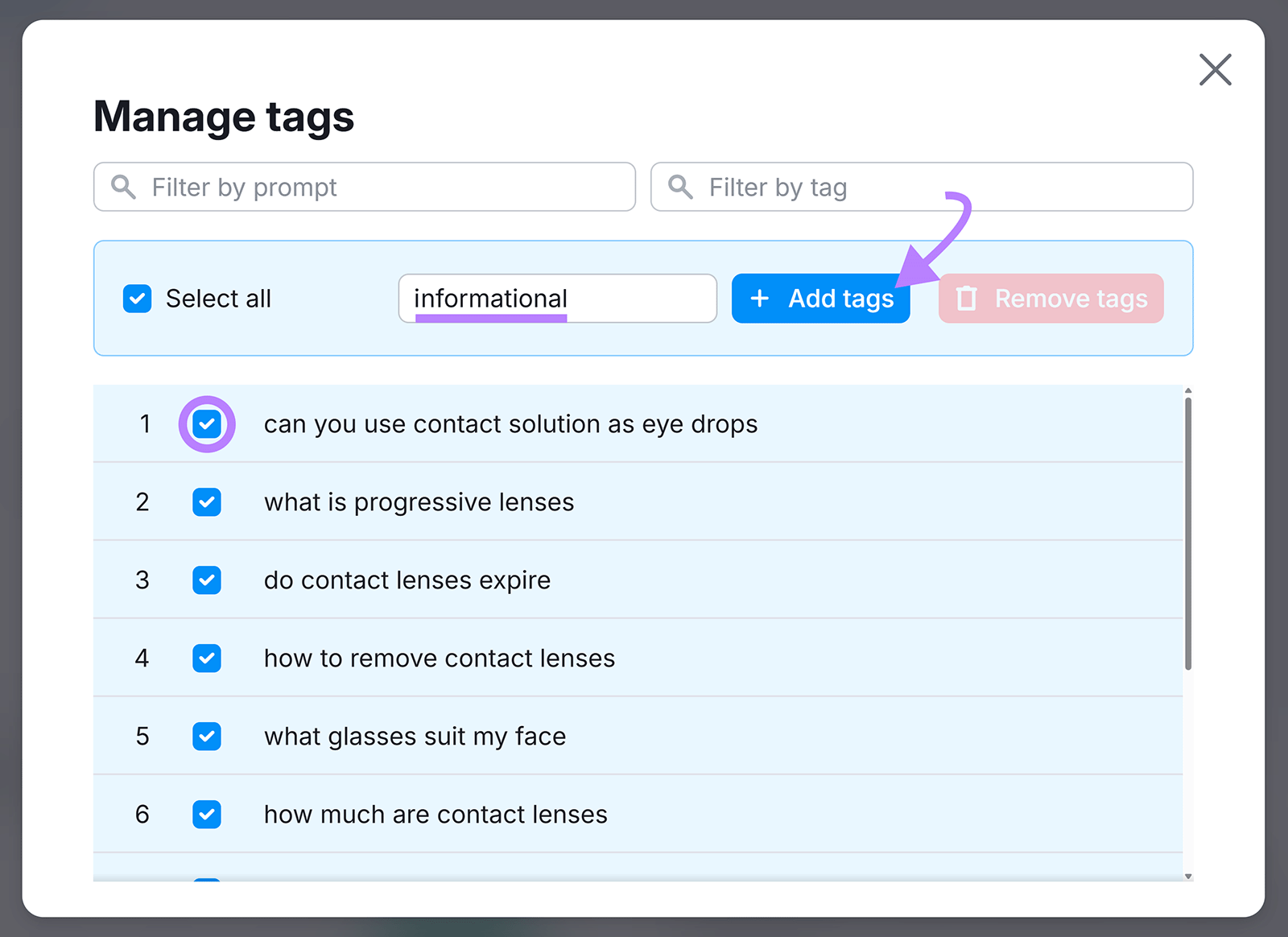 Manage tags window with prompts selected and arrow pointing to Add tags button.