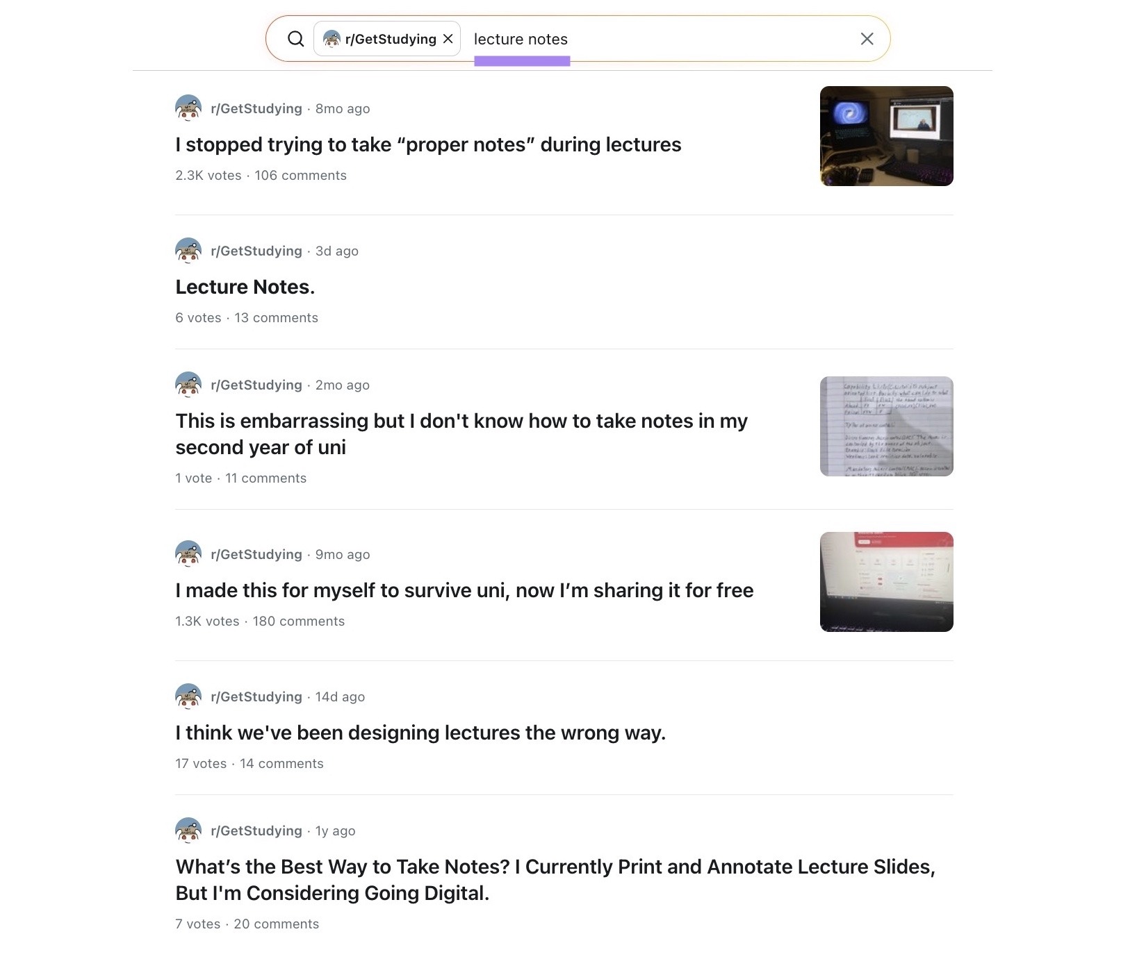 "lecture notes" entered as a search term in the r/GetStudying subreddit which shows a list of relevant discussions.