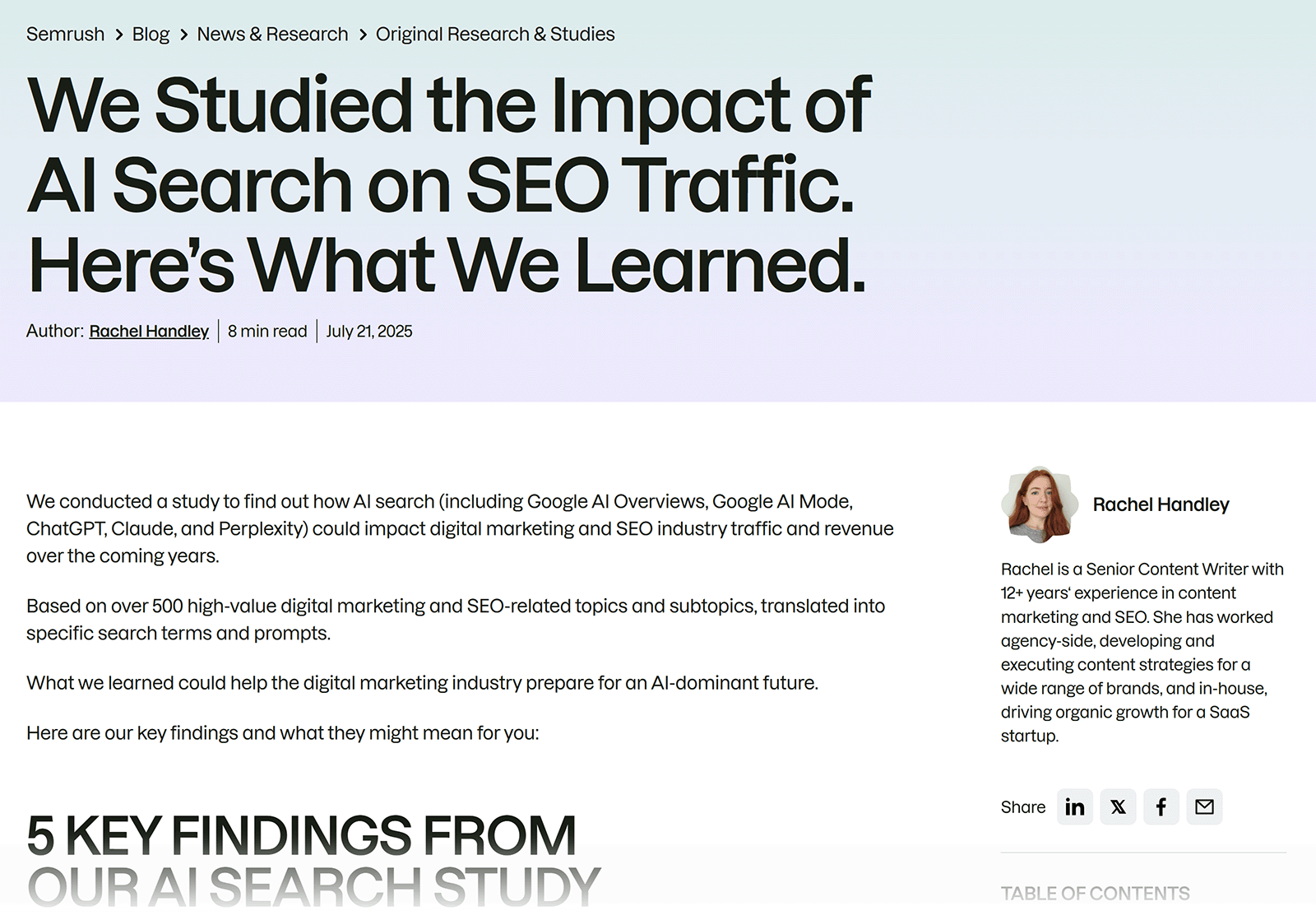 Semrush research article about AI search impact on SEO traffic with author details and study introduction