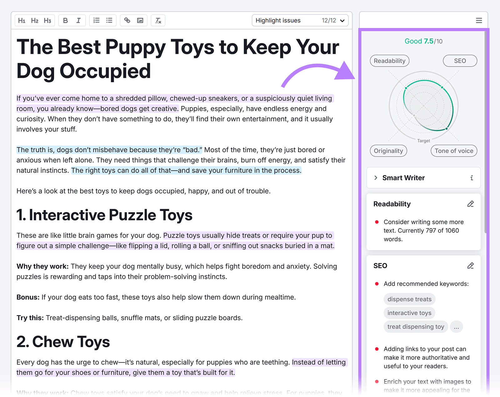 Content editor showing SEO and readability score with tooltips and improvement suggestions on the sidebar.