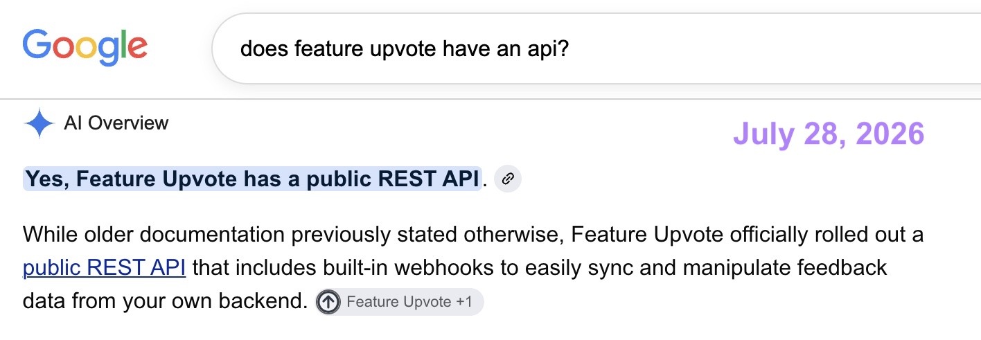 Google SERP showing an AI Overview response stating that Feature Upvote does have a public REST API on July 28, 2026.