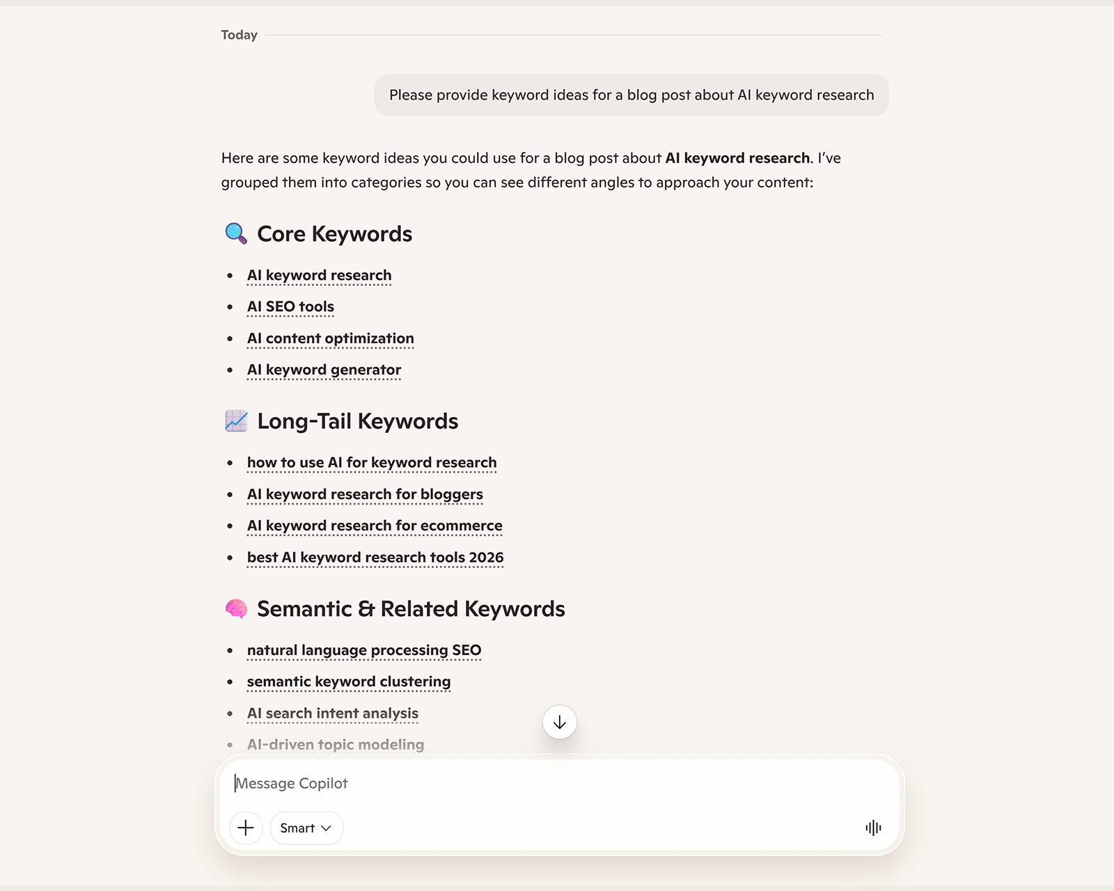 Copilot grouping AI keyword research ideas into core, long-tail, and related keywords