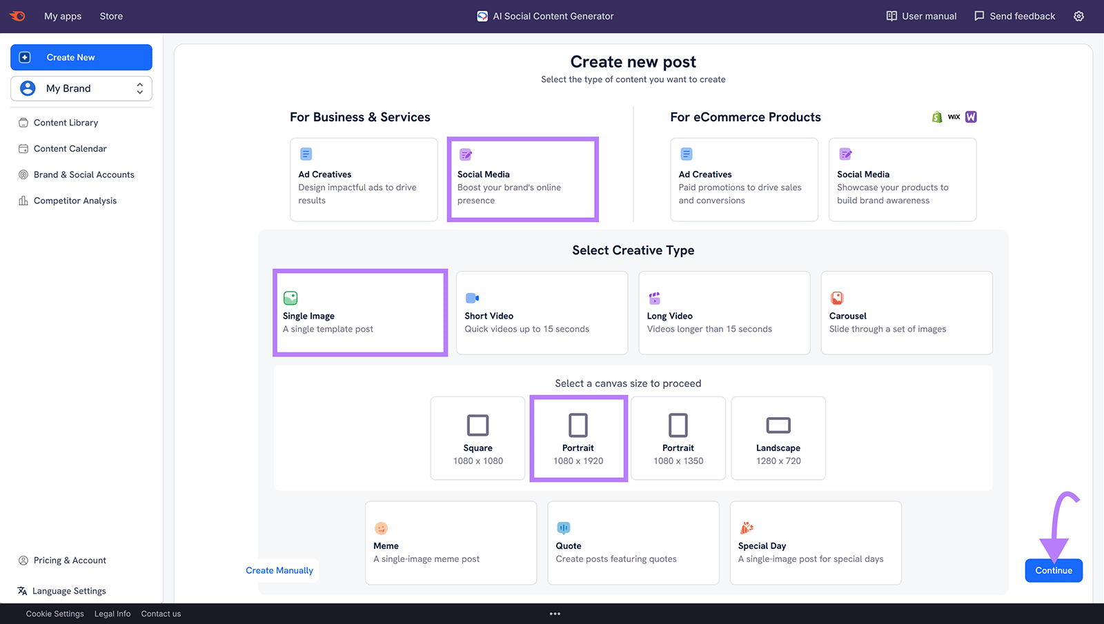 AI Social Content Generator showing options to create a new social media post, with “Portrait” and “Continue” selected.