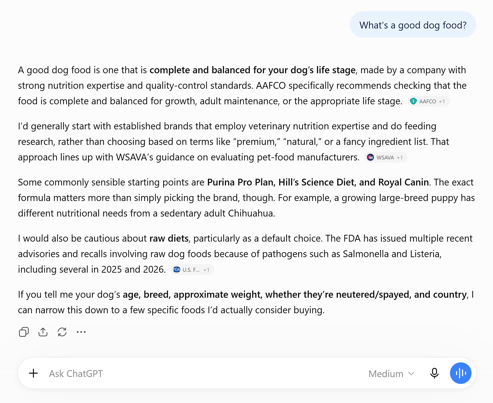 ChatGPT gives general dog food advice and recommends established brands based on nutrition expertise