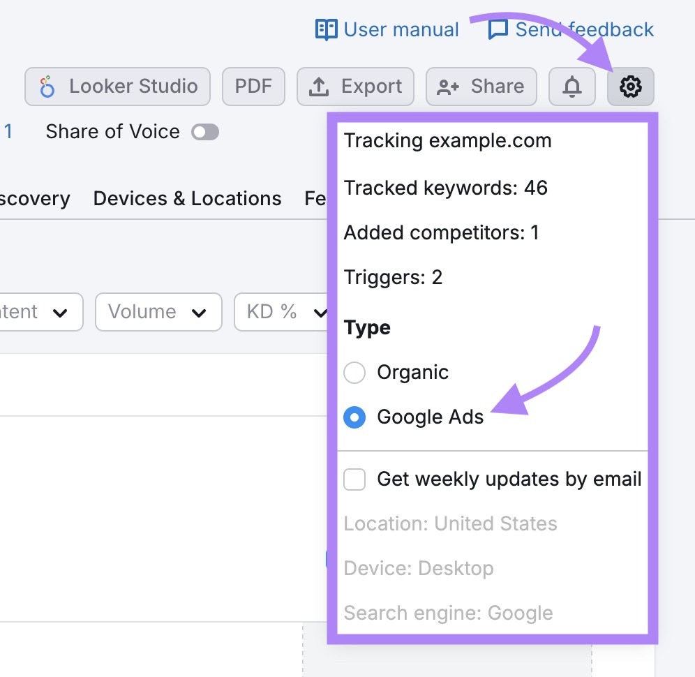 The gear icon clicked on the top of the Position Tracking report and "Google Ads" selected from the dropdown.