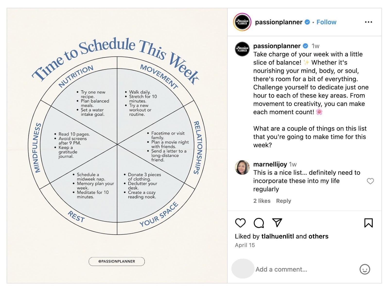 Post on Instagram by 'Passion Planner' with educational content that helps plan and schedule the week's activities.