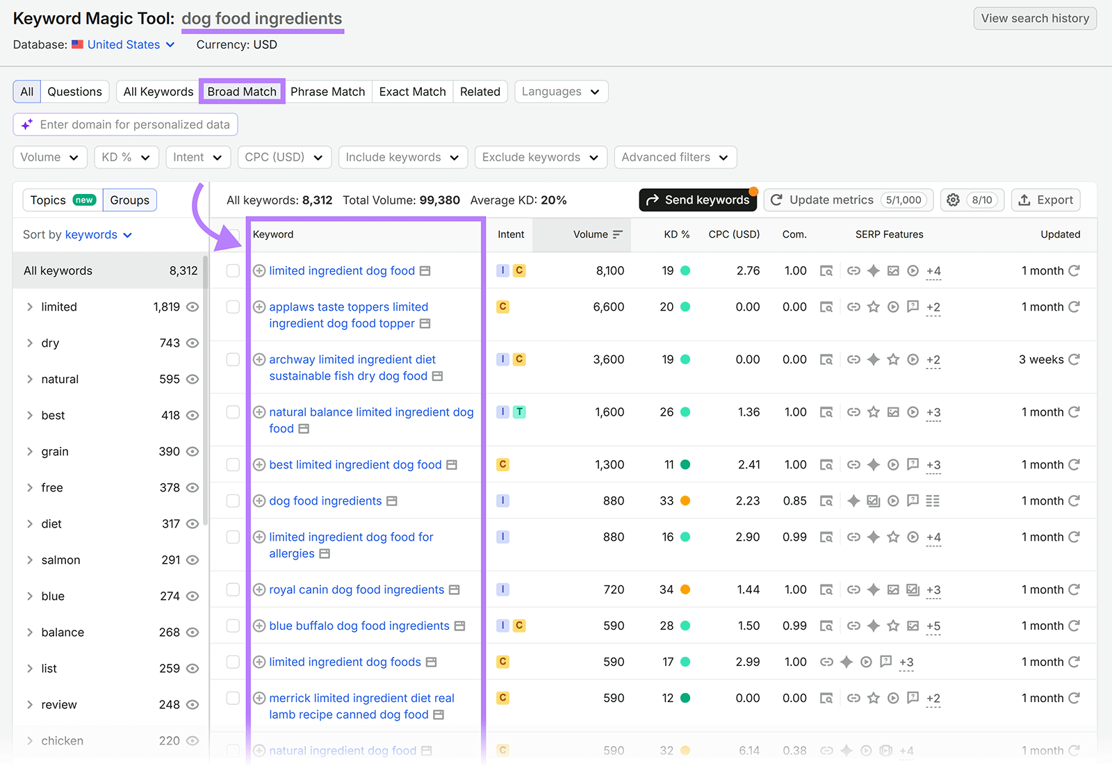 Keyword Magic Tool shows broad-match keywords related to “dog food ingredients”