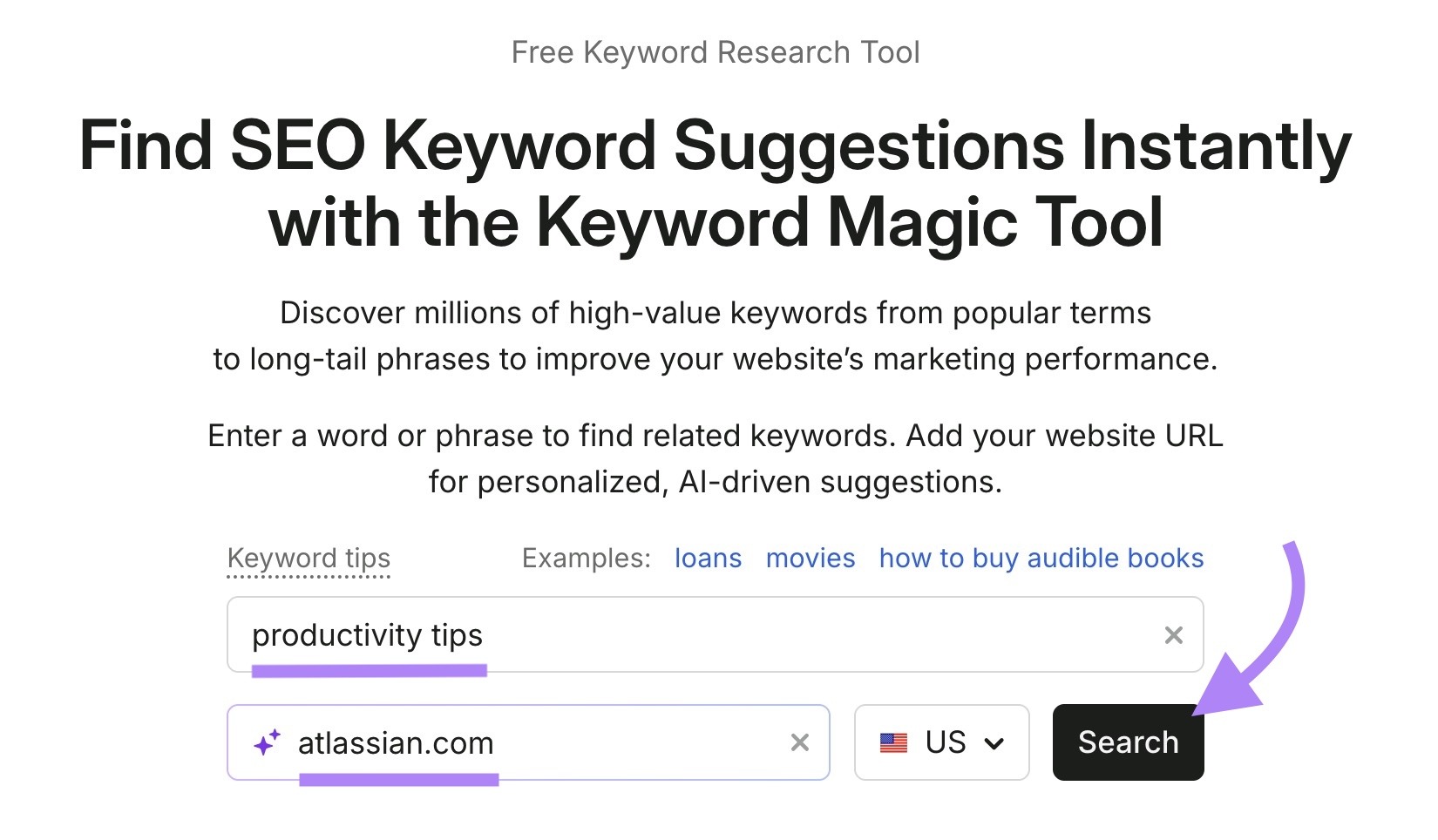Keyword Magic Tool start with a seed term & domain entered along with "Search" clicked.