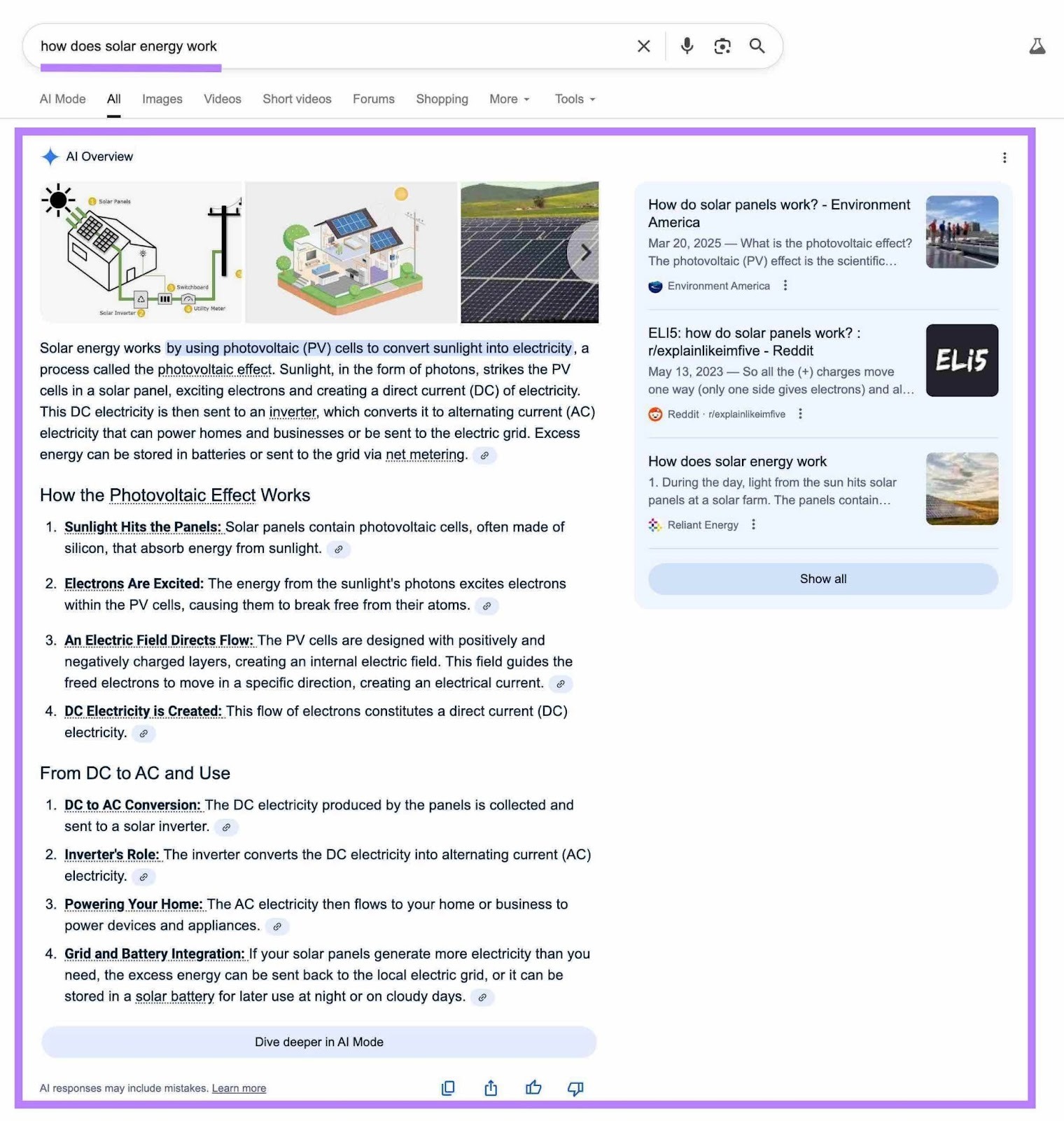 Google SERP for the term "how does solar energy work" showing an AI Overview at the top of the search results.