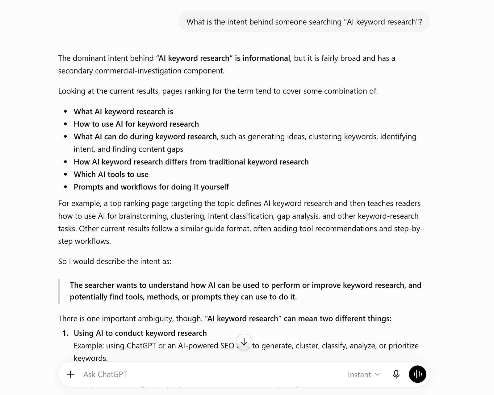 ChatGPT explaining the informational and commercial search intent behind “AI keyword research”