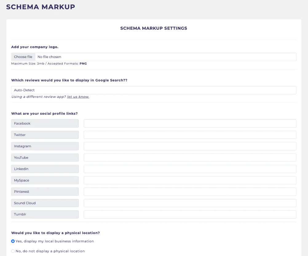 "Schema Markup Settings" window in Plug In SEO