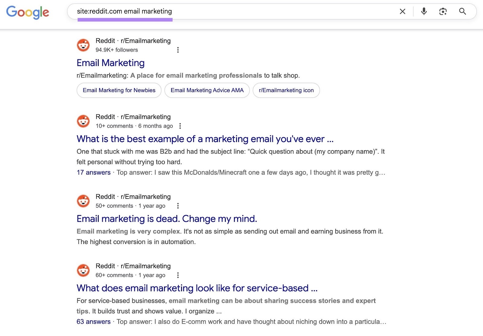 Using a site search syntax to find relevant Reddit discussions on a specific topic.