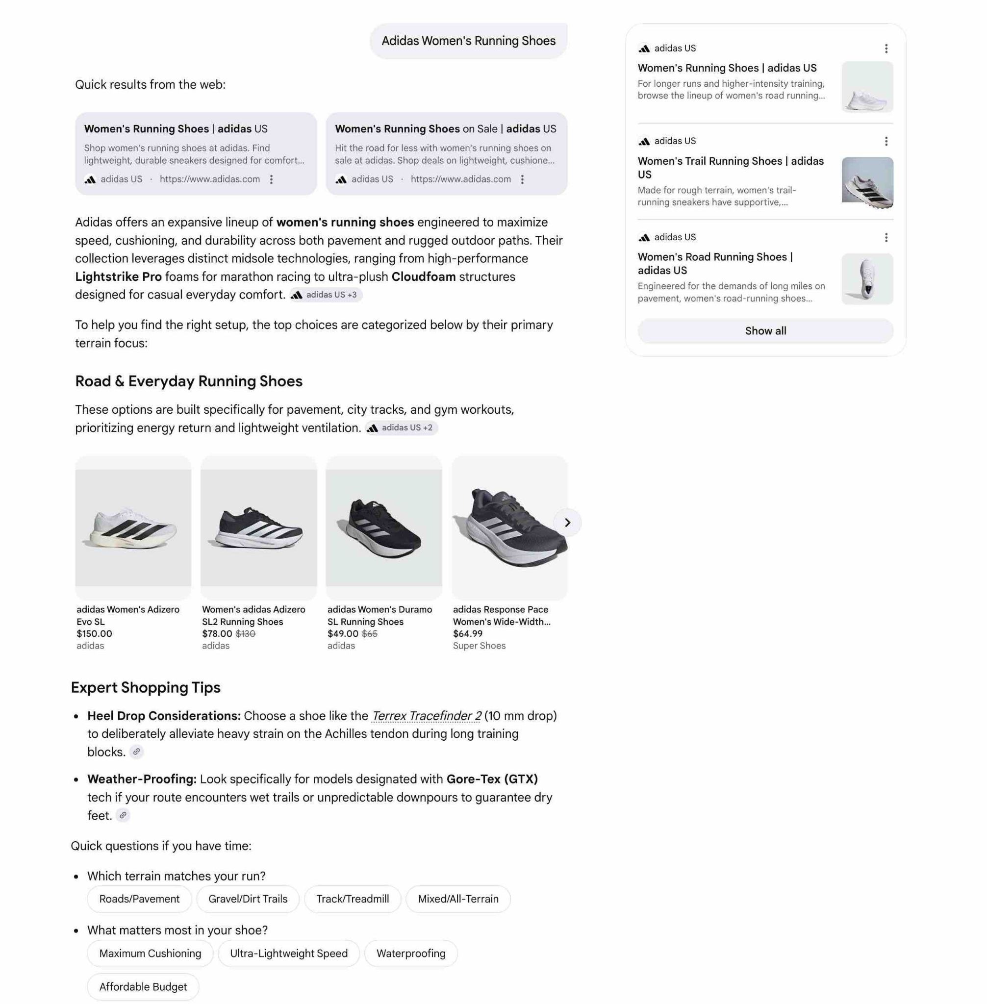 Google AI Mode response to the prompt "Adidas Women's Running Shoes".