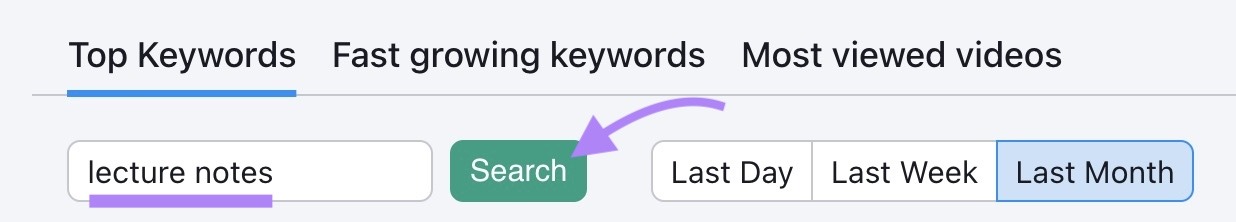 "lecture notes" entered as the term and "Search" clicked on Keyword Analytics for YouTube.