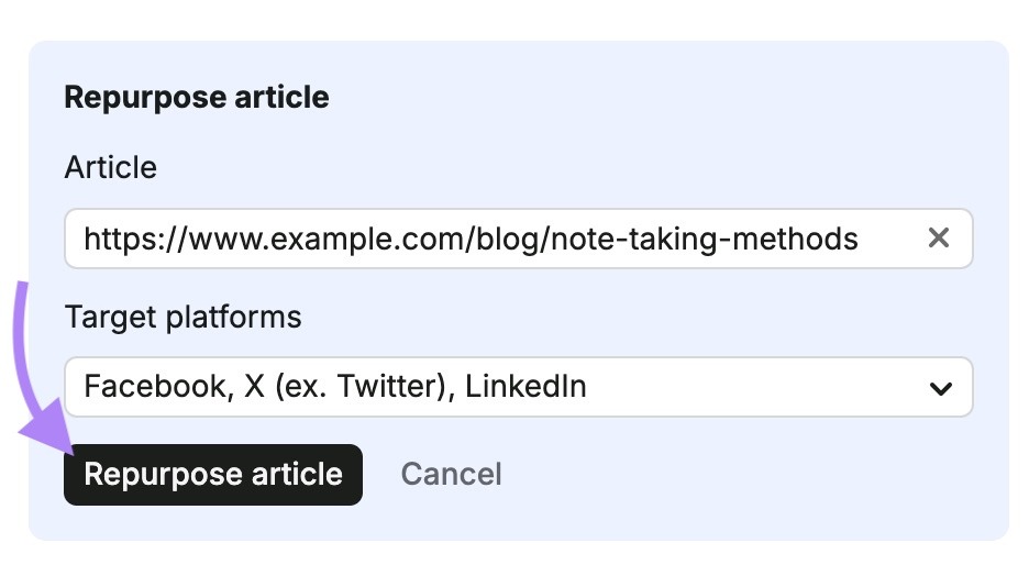 Repurpose article on Content toolkit with an article URL entered, target platforms selected, and "Repurpose article" clicked.