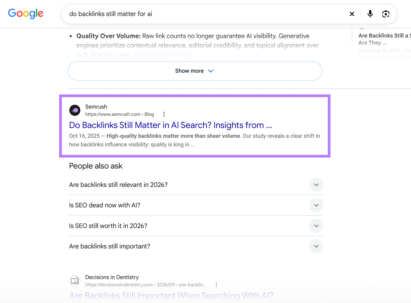 Semrush article about backlinks in AI search appears at the top of Google results for whether backlinks still matter for AI