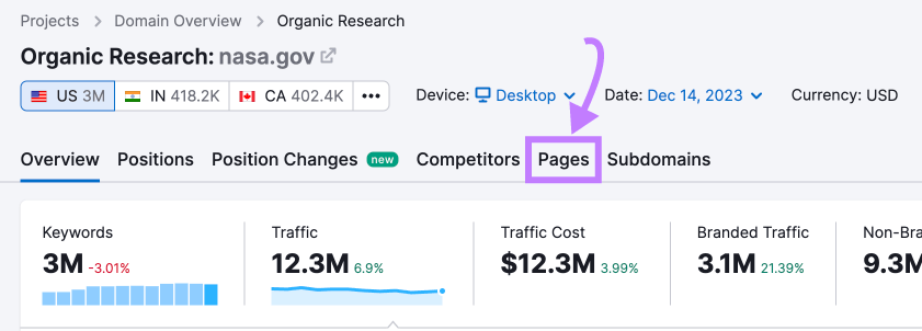 "Pages" tab selected in the Organic Rankings tool