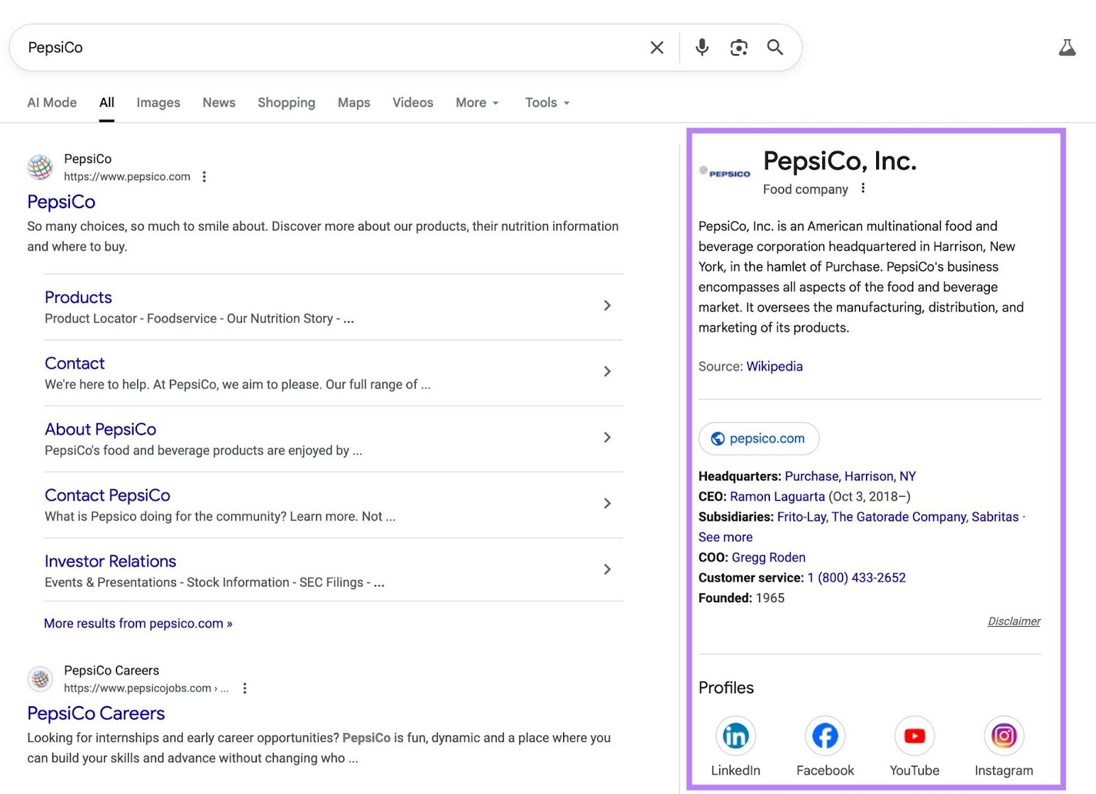 SERP for the term "PepsiCo" with the knowledge panel on the right-hand side highlighted.