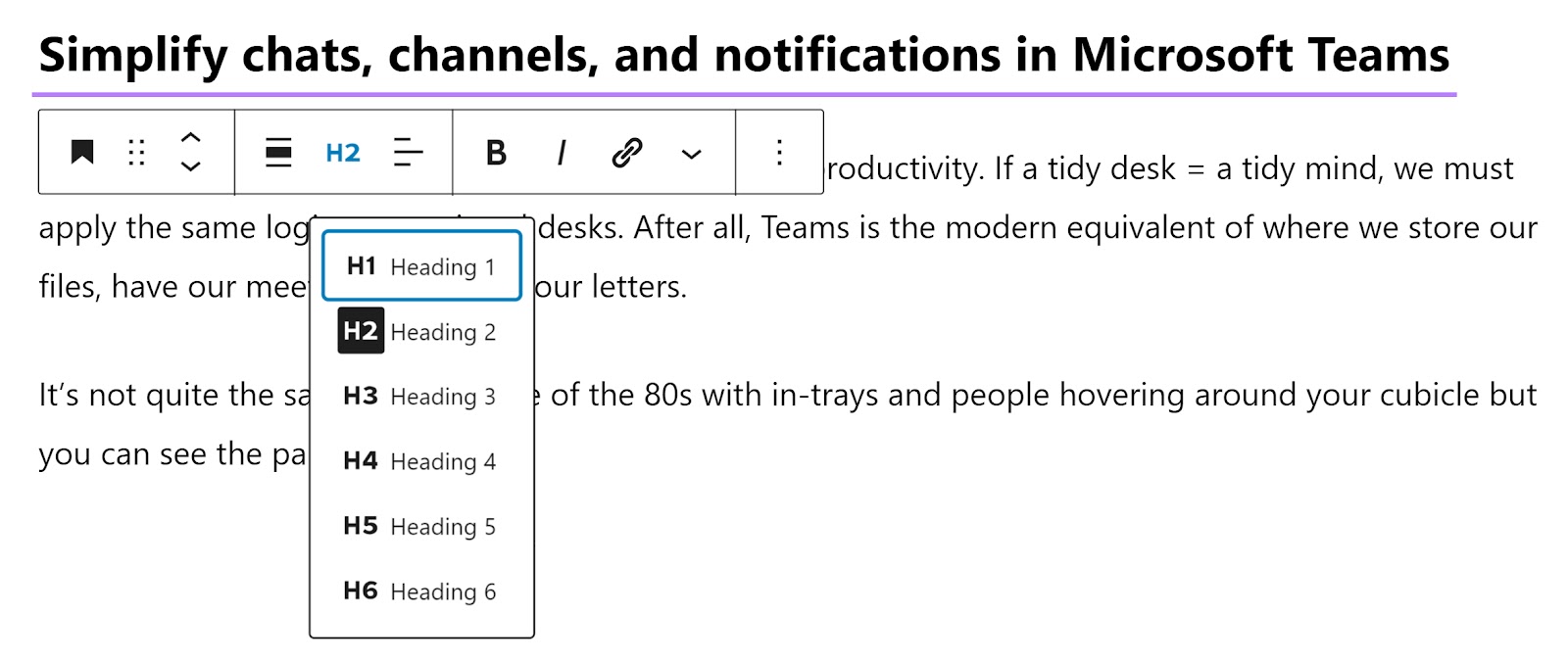 Drop-down menu of the heading option in Wordpress Block Editor.