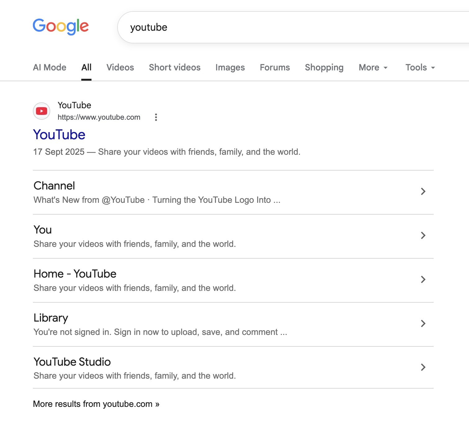 Google SERP for the term "youtube" showing YouTube's website with sitelinks as the top result.
