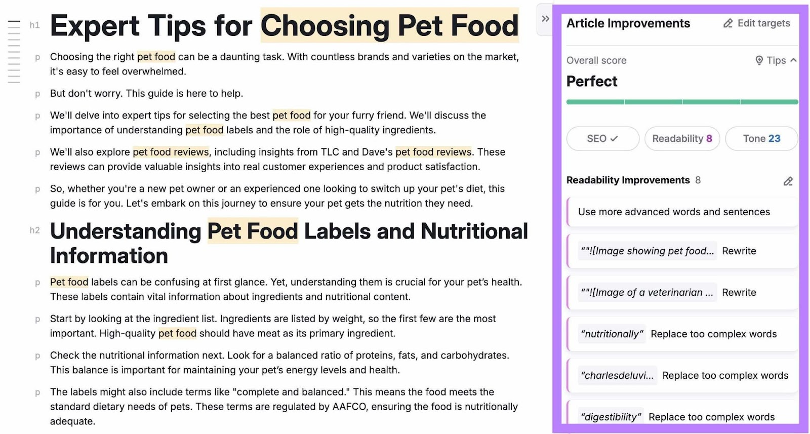Article Improvements tips categorized by SEO, readability, and tone on the Content Optimizer tool.