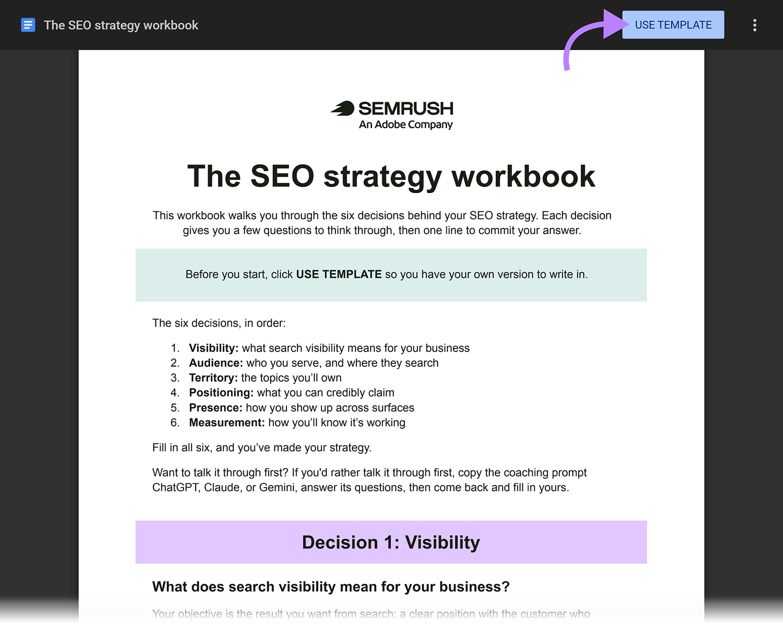 Semrush SEO strategy workbook template with arrow pointing to USE TEMPLATE button