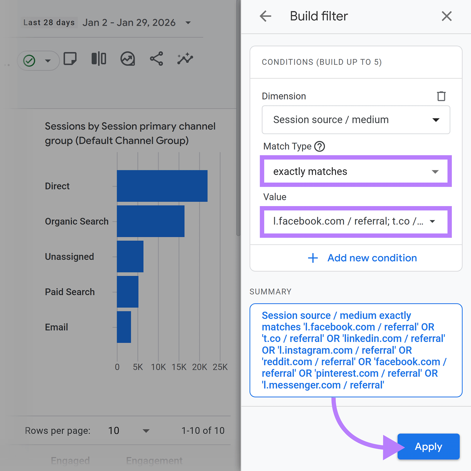 Filter builder showing exact match conditions for social referral sources with Apply button highlighted.