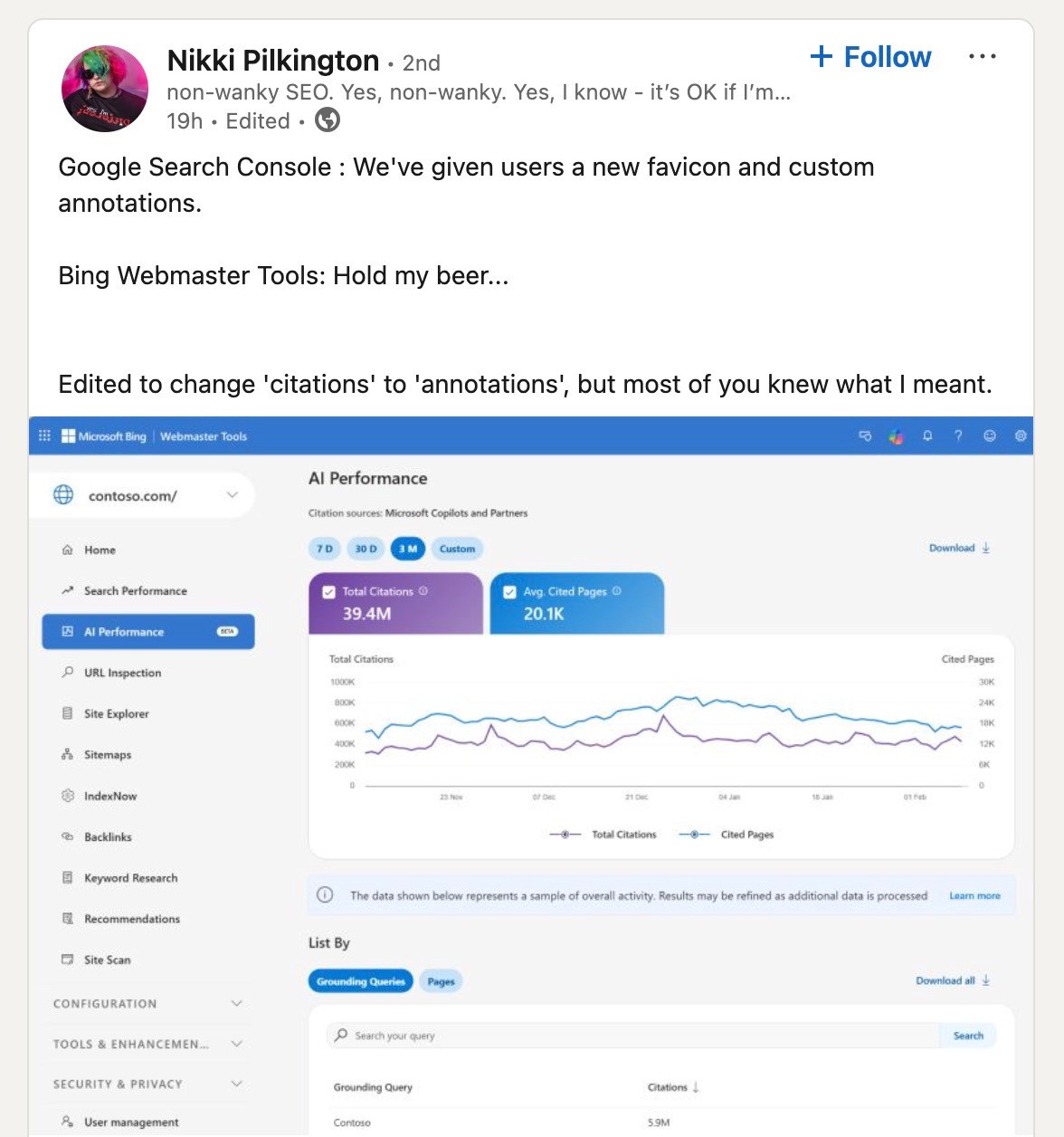 A post on LinkedIn by Nikki Pilkington talking about how Bing's AI Performance report compares to Google Search Console.