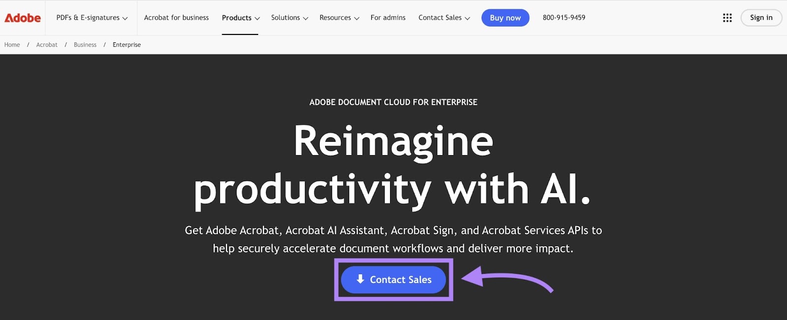 Homepage of business-to-business (B2B) ecommerce brand Adobe, with the "Contact Sales" button highlighted.