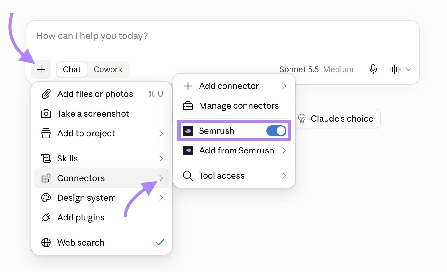 The "+" icon clicked and "Connectors" expanded to show the "Semrush" toggle enabled on Claude.