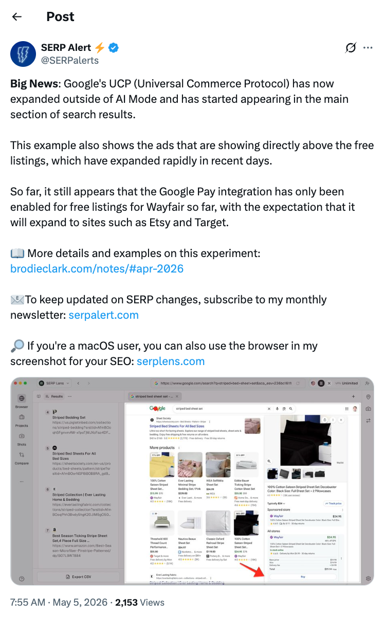 SERP Alert posted on X about seeing UCP-powered checkout directly in SERP product listings.