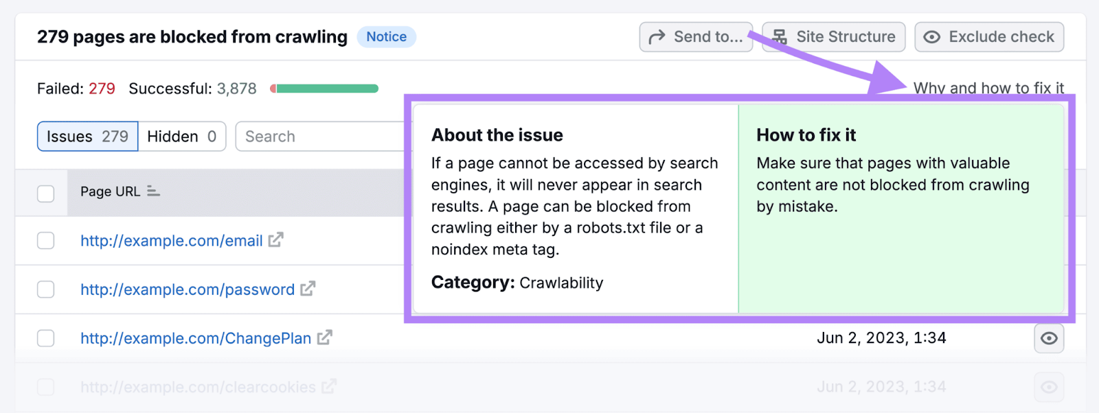 Report for the error "pages are blocked from crawling" with the "Why and how to fix it" widget open