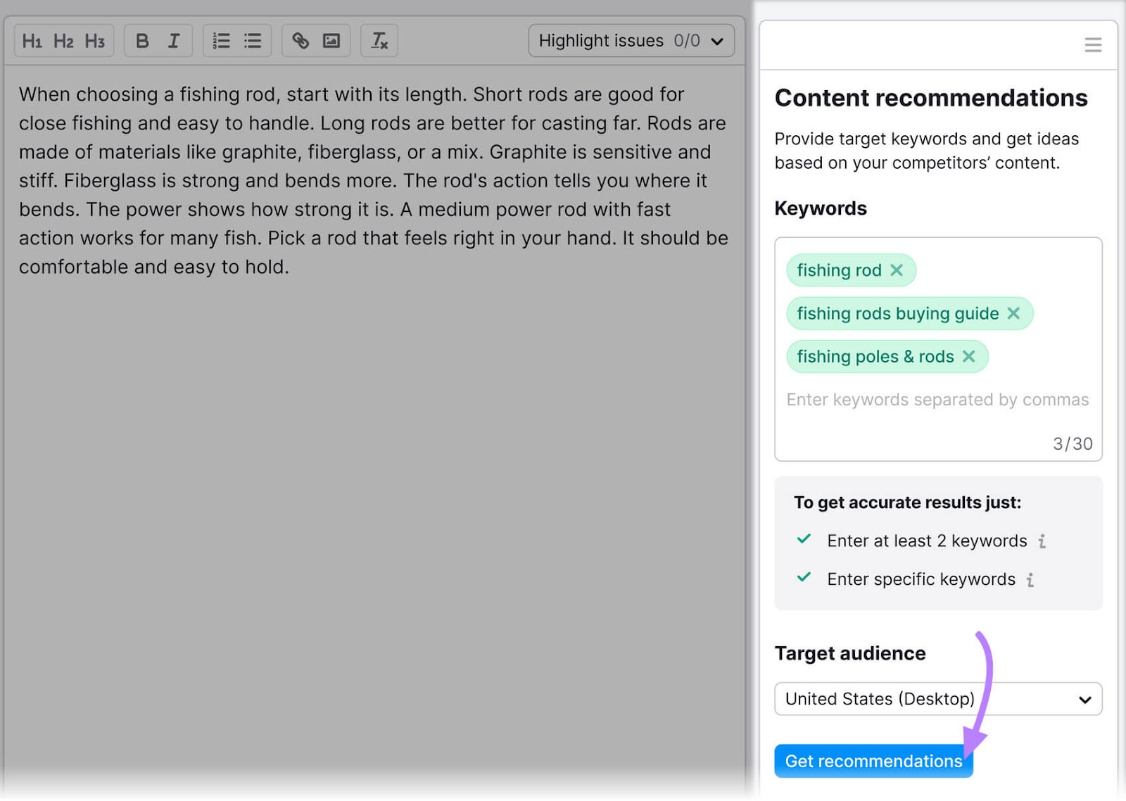 Add keywords under "Content recommendations" window in SEO Writing Assistant