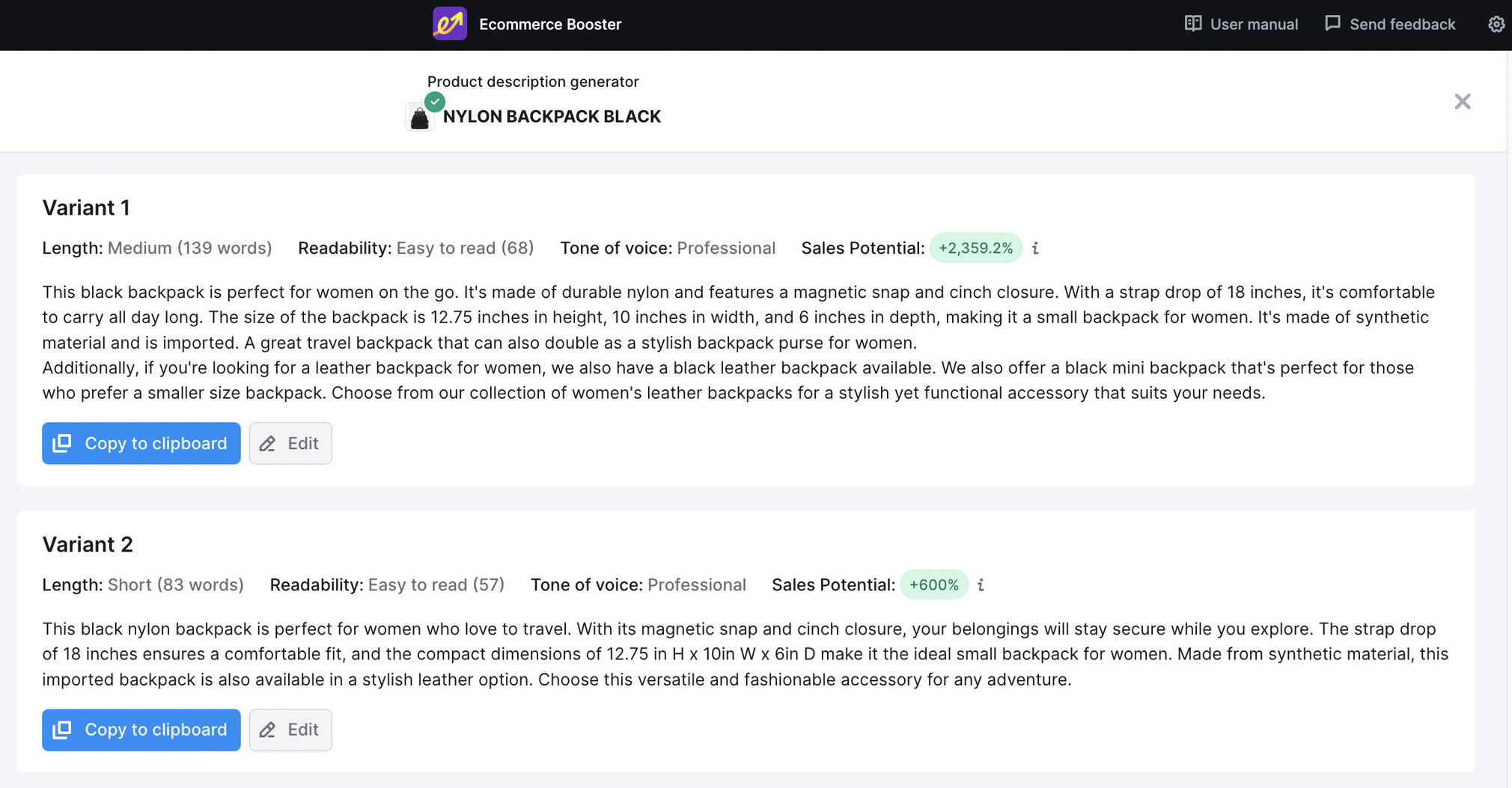 Ecommerce Booster app-generated meta description variations for "nylon backpack black"