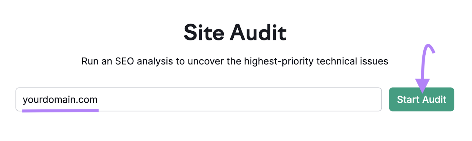 Site Audit tool start with a domain entered and "Start Audit" clicked.