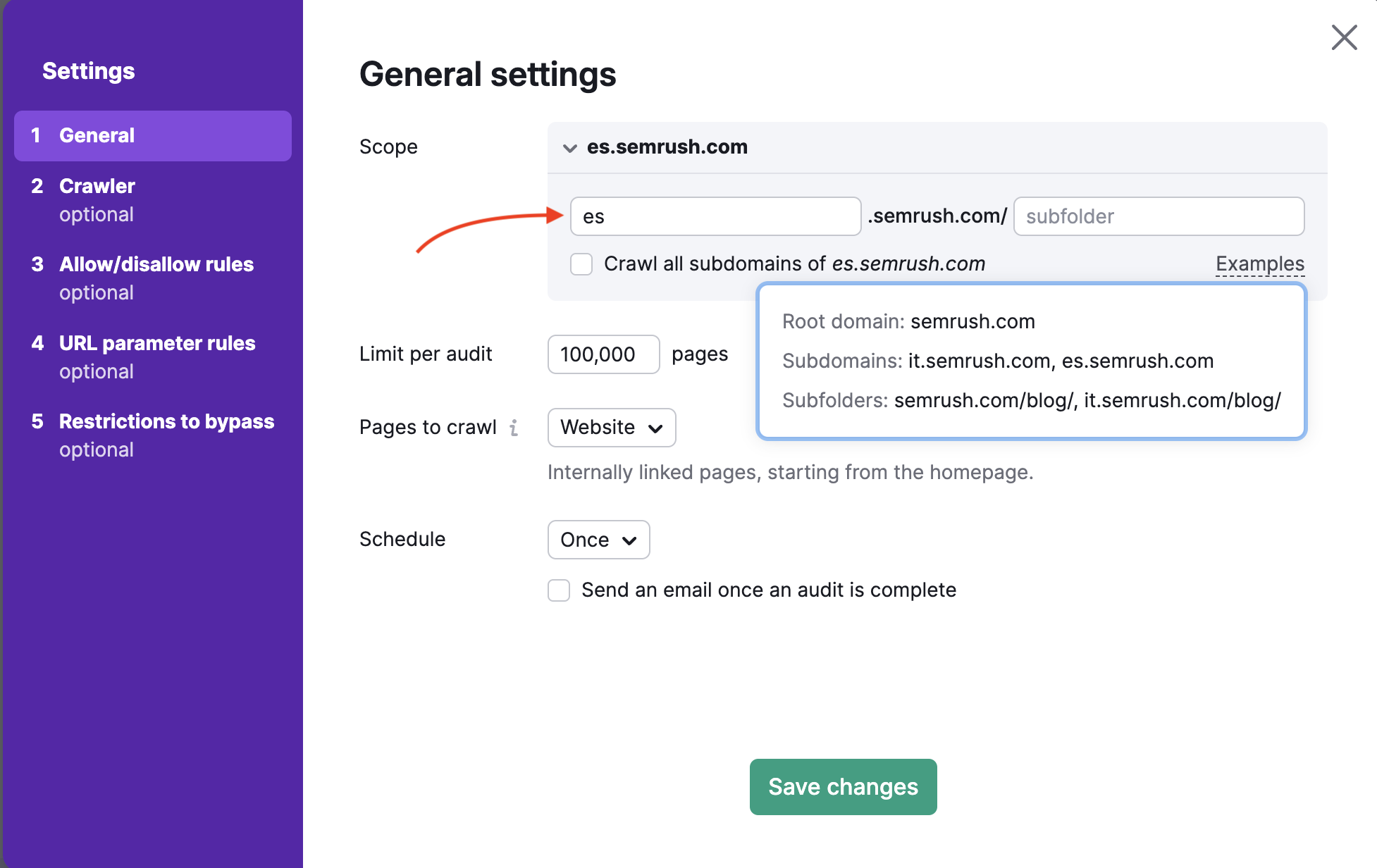 Denomination of how to audit a subdomain of your site within the settings window. 