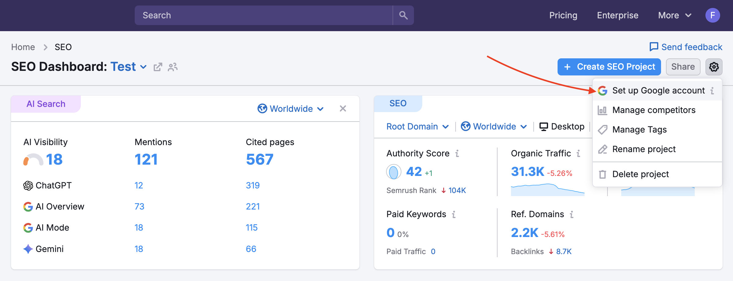 SEO Dashboard with a red arrow pointing to the Google account setup button in the top right corner.