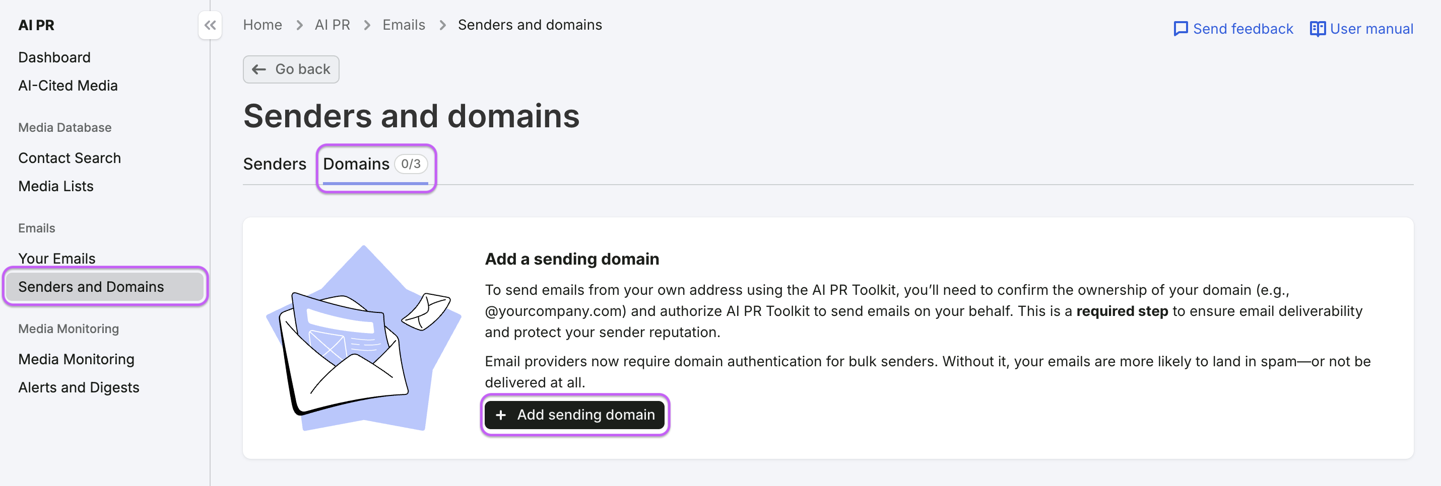 Adding and authenticating your sending domain image 1